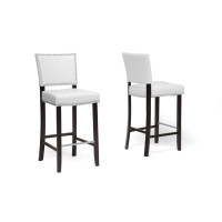 Baxton Studio Bbt5112 Bar Stool-White Aries White Modern Bar Stool With Nail Head Trim Set of 2